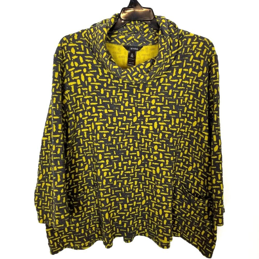 Ali Miles Women Plus Cowl Neck Printed Tunic Knit Top 3X Yellow‎ Black Lagenlook